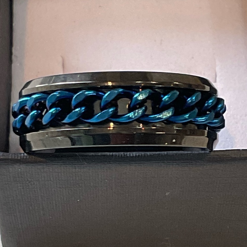 Rotating  Unisex Black & Blue Stainless Steel Fidget Ring - Picture 8 of 12